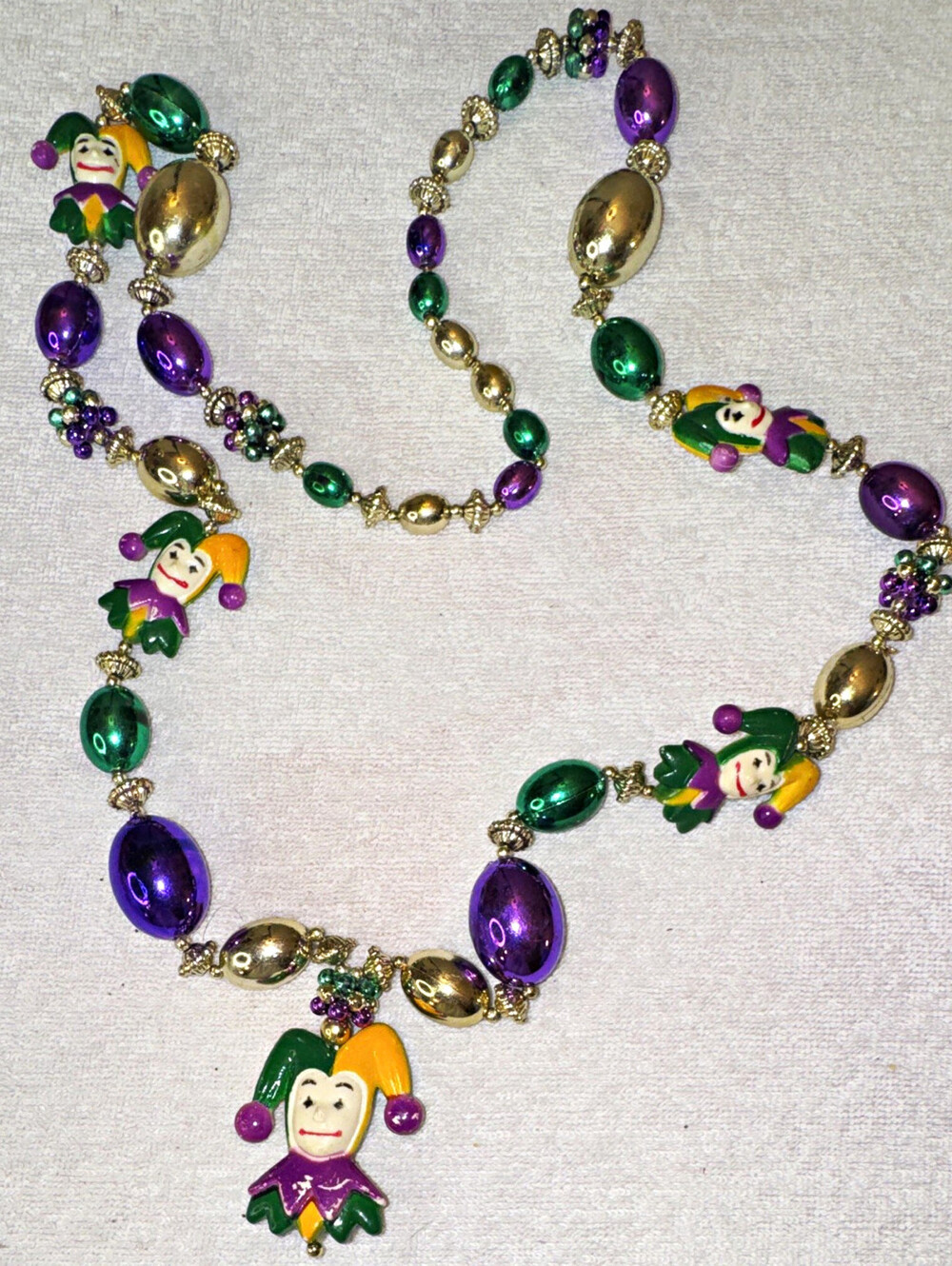 Mardi Gras Multicolor Beaded Necklace Jester Charm Purple Green Gold Plastic